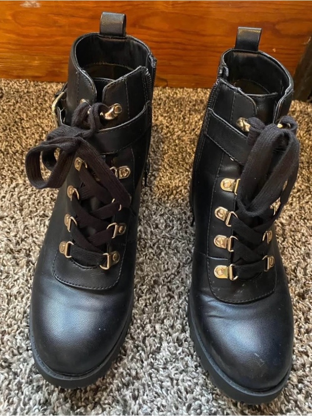 Wild Pair Black Lace-Up Ankle Boots with Gold Hardware
